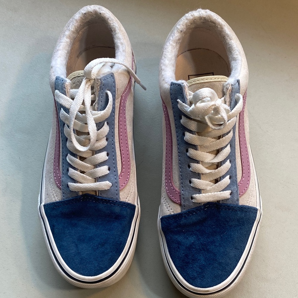 Vans Women Blue, Pink & Cream Suede Colorblock Lace-Up Sneakers